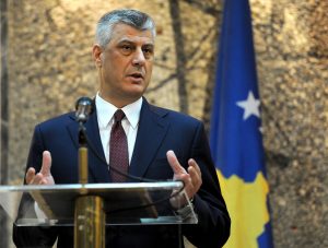 epa04563301 Kosovo's Foreign Minister Hashim Thaci speaks to members of the media on the occasion of his meeting with Prime Minister of Montenegro Milo Djukanovic(not seen), in Podgorica, Montenegro, 16 Januar 2015. Thaci, a wartime political leader of the Kosovo Liberation Army UCK, arrived for a two-day visit in Podgorica where he is scheduled to hold talks with several Montenegrin top officials. EPA/BORIS PEJOVIC